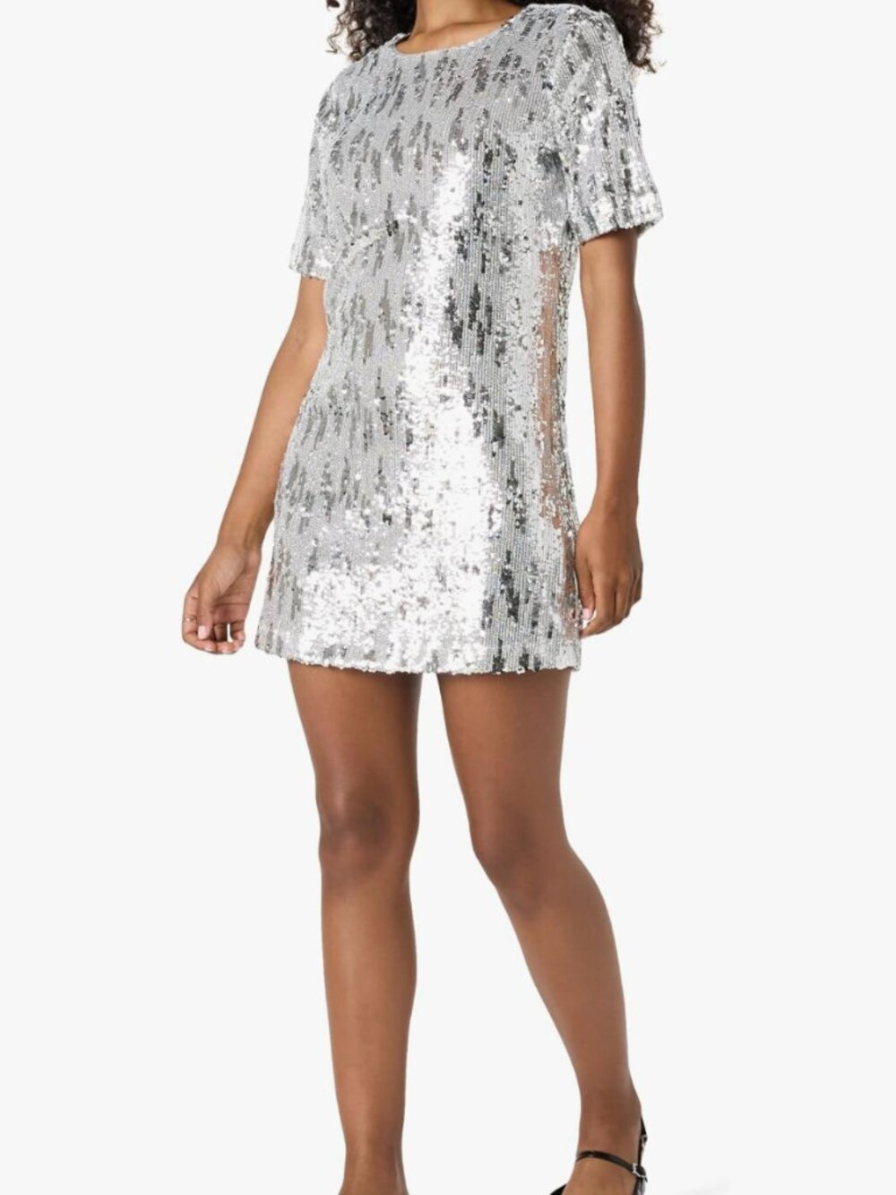The Drop Silver Sequin Short Sleeve Mini Shift Dress Large Party New Years Eras